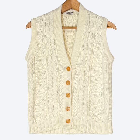 VTG 80s Button Front Sleeveless Cable Knit Sweater Womens L Ivy League Preppy - Picture 1 of 7